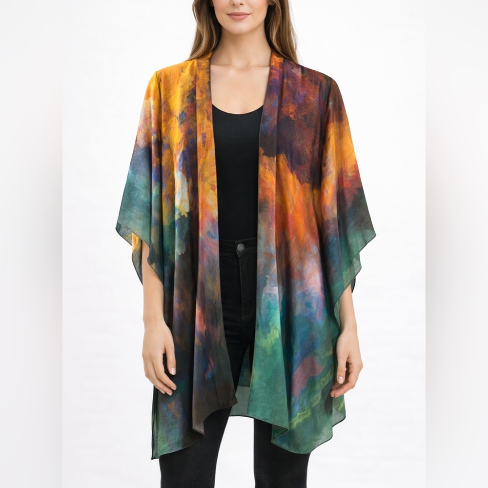 Just Classic Sunny Kimono Cardigan Watercolor Mountain Boho One Size 100% Cotton - Picture 11 of 11